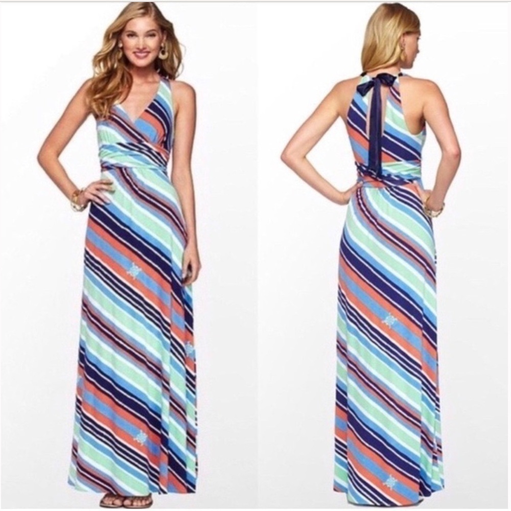 Lilly Pulitzer Amanda Maxi Dress Nautical Overboard Stripe Blue Green Orange